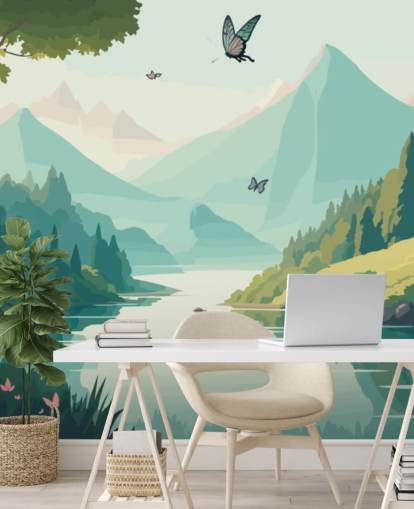 mountain and river landscape with butterflies wall mural called Dancing Butterflies for kid's bedroom mountain and river landscape with butterflies wall mural called Dancing Butterflies for kid's bedroom