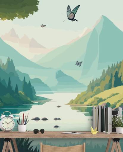 mountain and river landscape with butterflies wall mural called Dancing Butterflies for kid's bedroom