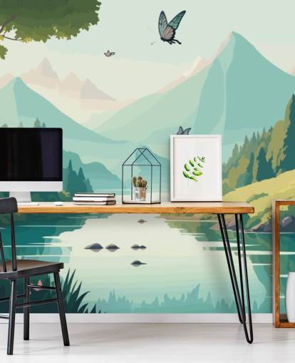 mountain and river landscape with butterflies wall mural called Dancing Butterflies for kid's bedroom mountain and river landscape with butterflies wall mural called Dancing Butterflies for kid's bedroom