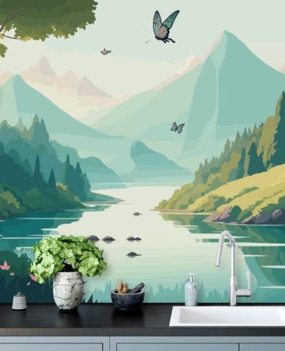 mountain and river landscape with butterflies wall mural called Dancing Butterflies for kid's bedroom