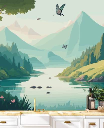 mountain and river landscape with butterflies wall mural called Dancing Butterflies for kid's bedroom