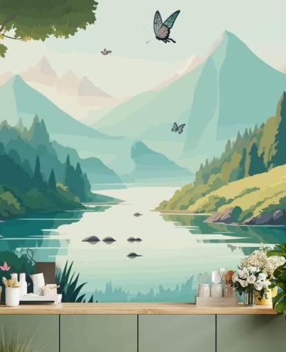 mountain and river landscape with butterflies wall mural called Dancing Butterflies for kid's bedroom mountain and river landscape with butterflies wall mural called Dancing Butterflies for kid's bedroom