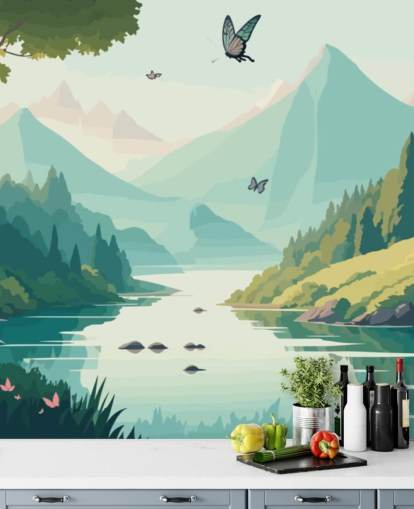 Paysage de montagnes et de rivières avec des papillons murale appelée Dancing Butterflies pour chambre d'enfant