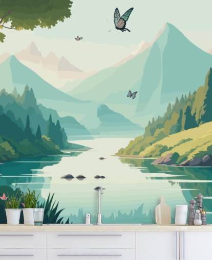 Berg- und Flusslandschaft mit Schmetterlingen, Wandbild Tanzende Schmetterlinge für Kinderzimmer