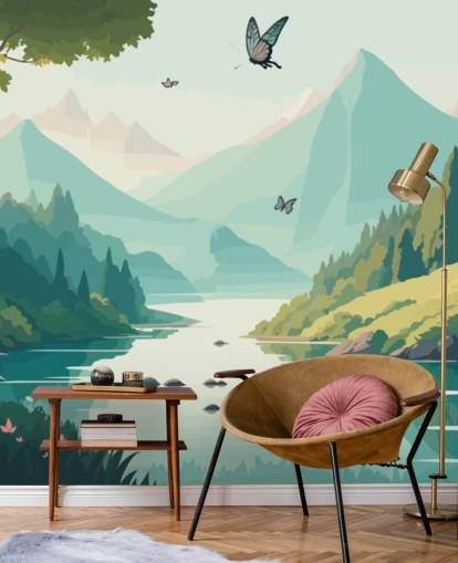 mural de pared de paisaje de montaña y río con mariposas llamado Dancing Butterflies para dormitorio infantil