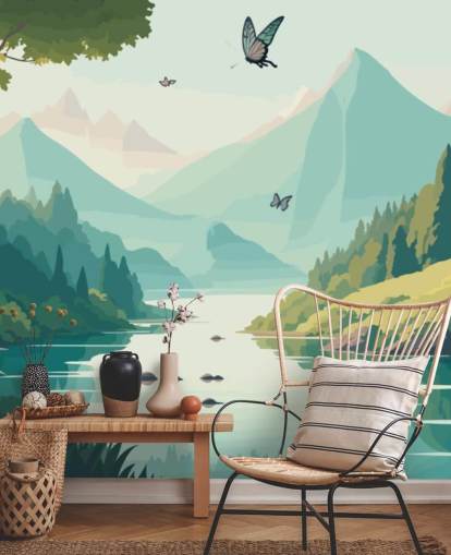 mural de pared de paisaje de montaña y río con mariposas llamado Dancing Butterflies para dormitorio infantil