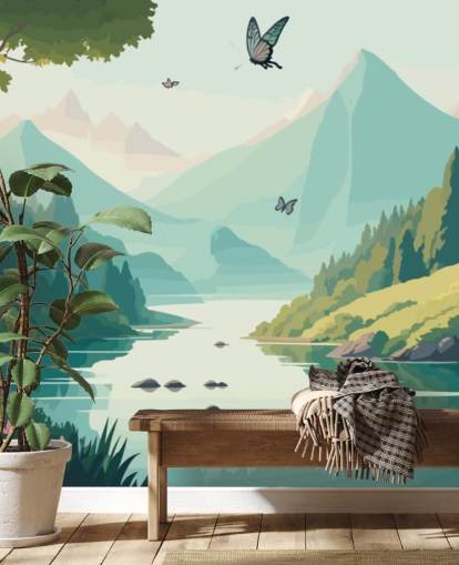 paisagem montanhosa e fluvial com borboletas mural de parede chamado Dancing Butterflies para quarto de criança