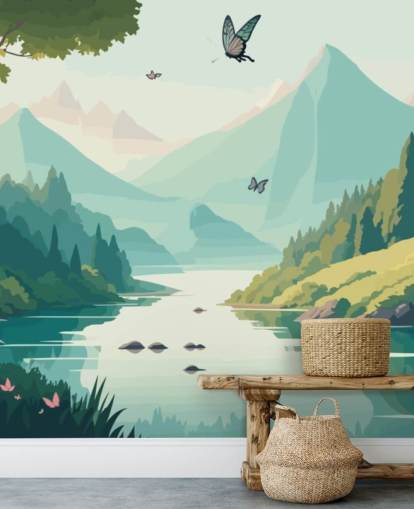 mural de pared de paisaje de montaña y río con mariposas llamado Dancing Butterflies para dormitorio infantil