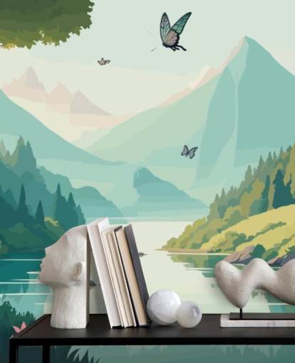 mural de pared de paisaje de montaña y río con mariposas llamado Dancing Butterflies para dormitorio infantil