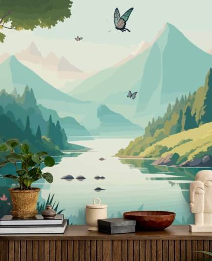 mural de pared de paisaje de montaña y río con mariposas llamado Dancing Butterflies para dormitorio infantil