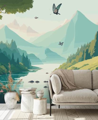 mural de pared de paisaje de montaña y río con mariposas llamado Dancing Butterflies para dormitorio infantil