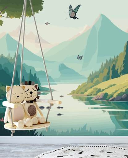 mountain and river landscape with butterflies wall mural called Dancing Butterflies for kid's bedroom