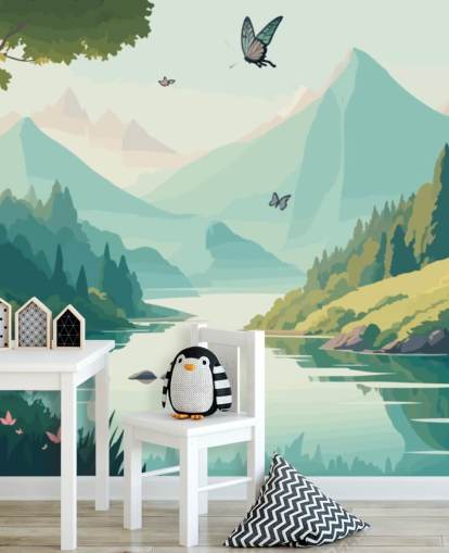 mountain and river landscape with butterflies wall mural called Dancing Butterflies for kid's bedroom