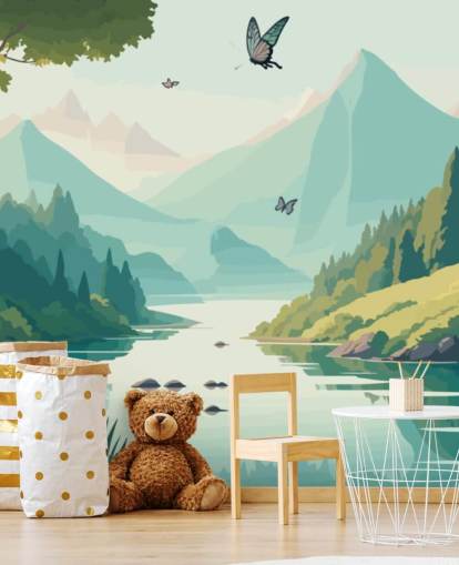 Paysage de montagnes et de rivières avec des papillons murale appelée Dancing Butterflies pour chambre d'enfant