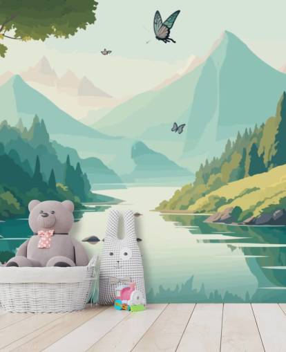 mountain and river landscape with butterflies wall mural called Dancing Butterflies for kid's bedroom mountain and river landscape with butterflies wall mural called Dancing Butterflies for kid's bedroom