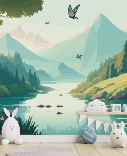 murale con paesaggio di montagna e fiume con farfalle chiamato Dancing Butterflies per la camera dei bambini