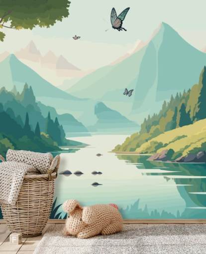 mountain and river landscape with butterflies wall mural called Dancing Butterflies for kid's bedroom