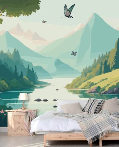 mountain and river landscape with butterflies wall mural called Dancing Butterflies for kid's bedroom