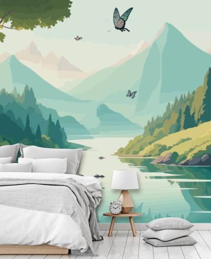 mural de pared de paisaje de montaña y río con mariposas llamado Dancing Butterflies para dormitorio infantil