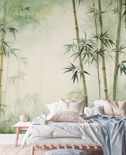 mural de pared de bambú personalizado verde y blanco llamado Acuarela de bambú tropical