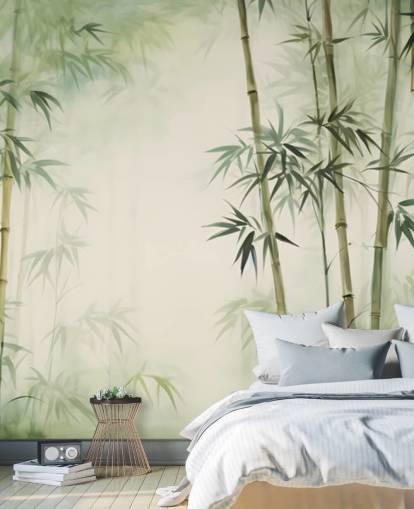 mural de pared de bambú personalizado verde y blanco llamado Acuarela de bambú tropical