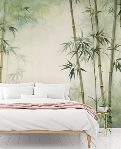 green and white custom bamboo wall mural called Tropical Bamboo Watercolor