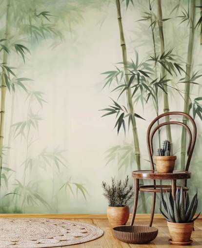 groene en witte op maat gemaakte bamboe muurschildering genaamd Tropical Bamboo Watercolour groene en witte op maat gemaakte bamboe muurschildering genaamd Tropical Bamboo Watercolour