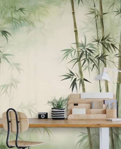 fresque murale personnalisée en bambou vert et blanc appelée Tropical Bamboo Watercolour