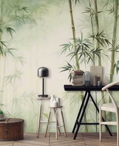 mural de pared de bambú personalizado verde y blanco llamado Acuarela de bambú tropical