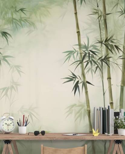 mural de pared de bambú personalizado verde y blanco llamado Acuarela de bambú tropical mural de pared de bambú personalizado verde y blanco llamado Acuarela de bambú tropical