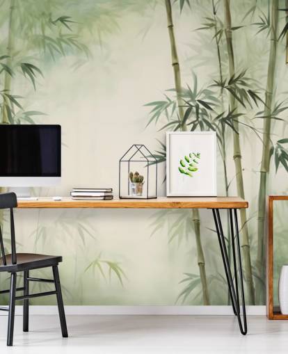 grön och vit anpassad bambu väggmålning kallad Tropical Bamboo Watercolour grön och vit anpassad bambu väggmålning kallad Tropical Bamboo Watercolour