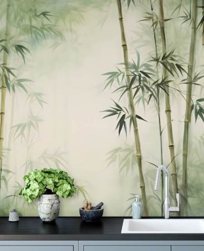 green and white custom bamboo wall mural called Tropical Bamboo Watercolor