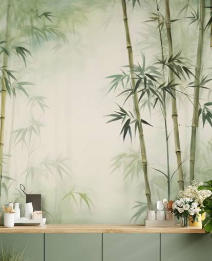 mural de pared de bambú personalizado verde y blanco llamado Acuarela de bambú tropical