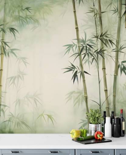 mural de pared de bambú personalizado verde y blanco llamado Acuarela de bambú tropical mural de pared de bambú personalizado verde y blanco llamado Acuarela de bambú tropical
