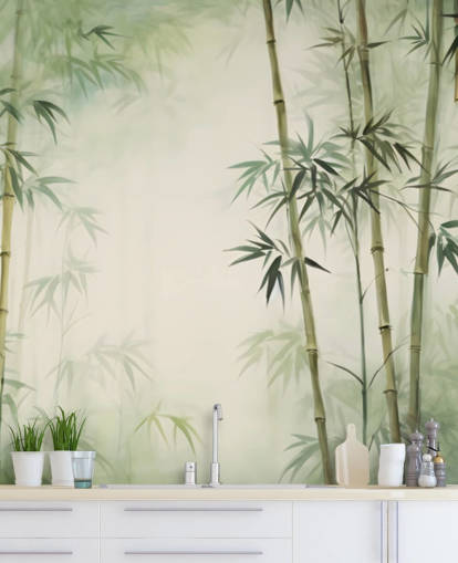 fresque murale personnalisée en bambou vert et blanc appelée Tropical Bamboo Watercolour fresque murale personnalisée en bambou vert et blanc appelée Tropical Bamboo Watercolour