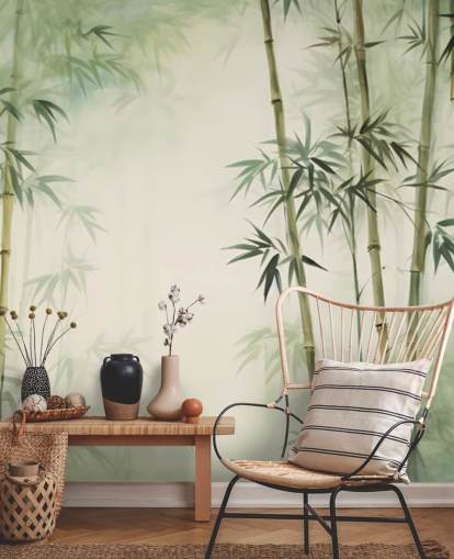 mural de pared de bambú personalizado verde y blanco llamado Acuarela de bambú tropical