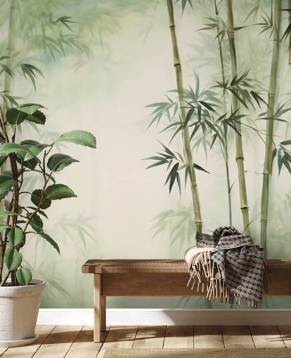 mural de pared de bambú personalizado verde y blanco llamado Acuarela de bambú tropical