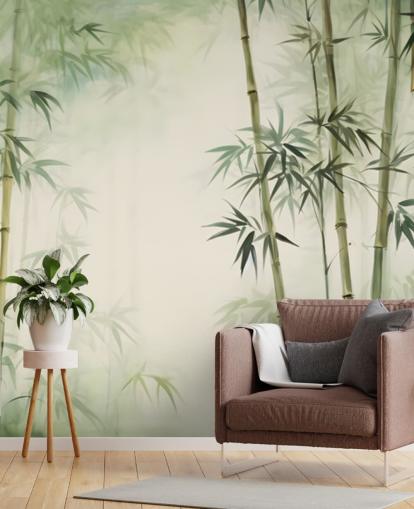 groene en witte op maat gemaakte bamboe muurschildering genaamd Tropical Bamboo Watercolour