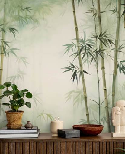 green and white custom bamboo wall mural called Tropical Bamboo Watercolour