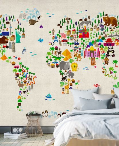 fargerikt dyreverdenskart veggmaleri kalt Animal Map Of The World II av Michael Tompsett for barnas soverom
