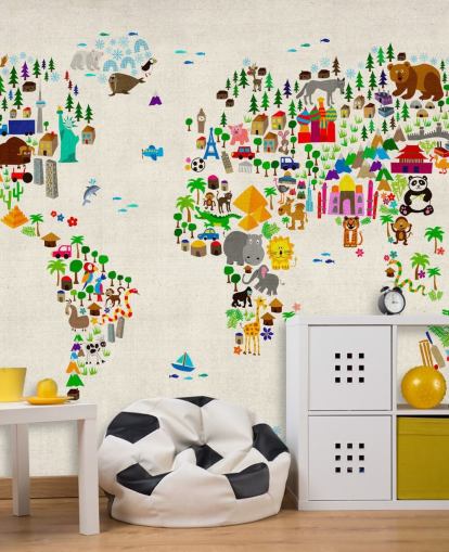 mural de pared colorido con un mapa del mundo de animales llamado Animal Map Of The World II de Michael Tompsett para dormitorios de niños