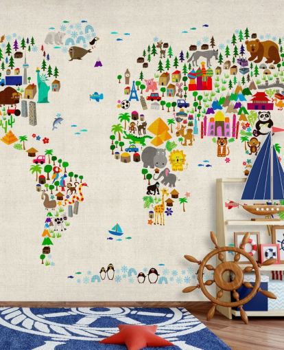 kleurrijke muurschildering van de dierenwereldkaart genaamd Animal Map Of The World II van Michael Tompsett voor kinderkamers