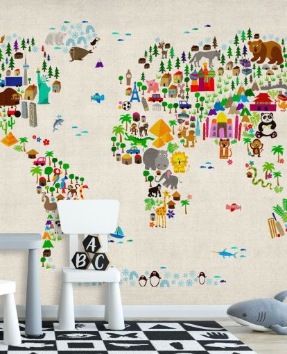 Buntes Wandbild mit Tierweltkarte namens Animal Map Of The World II von Michael Tompsett für Kinderzimmer Buntes Wandbild mit Tierweltkarte namens Animal Map Of The World II von Michael Tompsett für Kinderzimmer