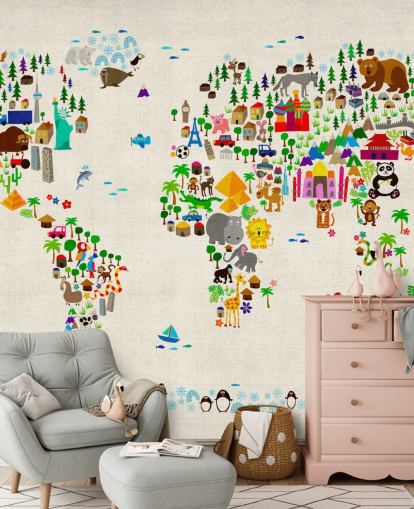 peinture murale colorée en forme de carte du monde animalier appelée Animal Map Of The World II par Michael Tompsett pour les chambres d'enfants