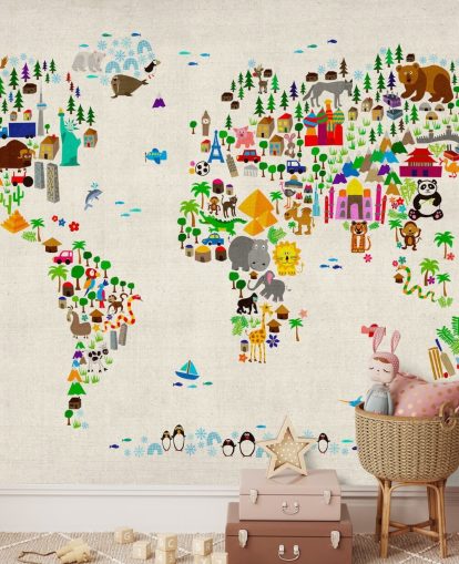 kleurrijke muurschildering van de dierenwereldkaart genaamd Animal Map Of The World II van Michael Tompsett voor kinderkamers