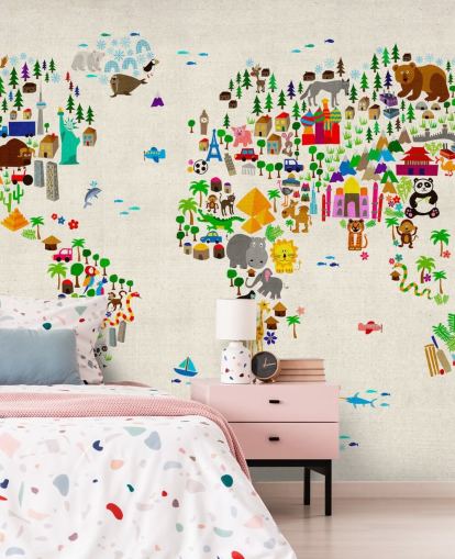 peinture murale colorée en forme de carte du monde animalier appelée Animal Map Of The World II par Michael Tompsett pour les chambres d'enfants