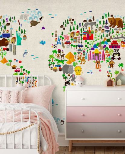 colourful animal world map wall mural called Animal Map Of The World II by Michael Tompsett for children's bedrooms