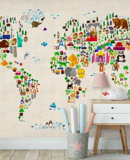 farverigt dyreverdenskort vægmaleri kaldet Animal Map Of The World II af Michael Tompsett til børns soveværelser