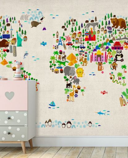 fargerikt dyreverdenskart veggmaleri kalt Animal Map Of The World II av Michael Tompsett for barnas soverom