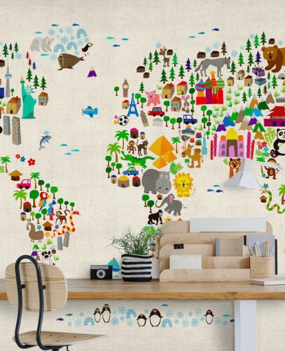 colourful animal world map wall mural called Animal Map Of The World II by Michael Tompsett for children's bedrooms colourful animal world map wall mural called Animal Map Of The World II by Michael Tompsett for children's bedrooms